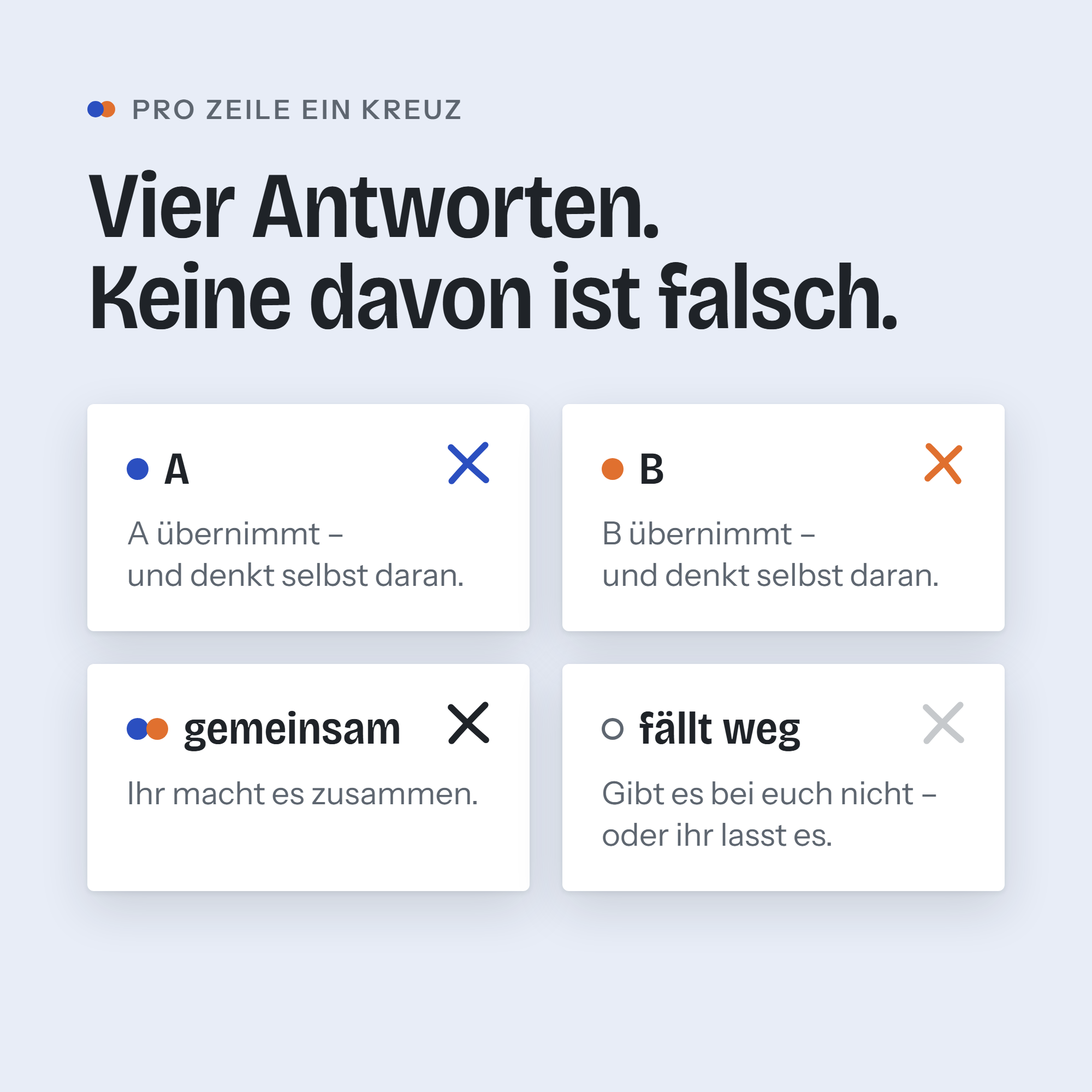Die vier Antworten pro Zeile: A, B, gemeinsam oder fällt weg.