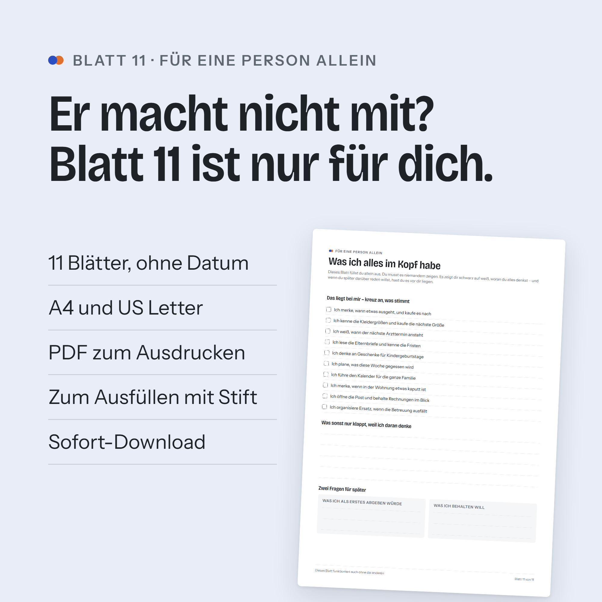 Blatt 11 zum Ausfüllen allein, daneben die Details: 11 Blätter, A4 und US Letter, PDF zum Ausdrucken, Sofort-Download.